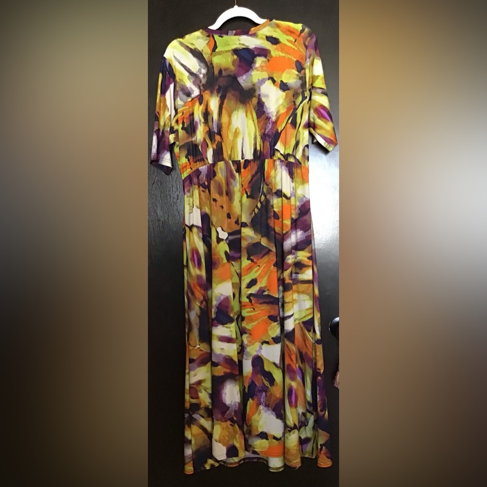 Attitudes by Renee Yellow, Purple and Orange Abstract Midi Dress with pockets. - Picture 3 of 4